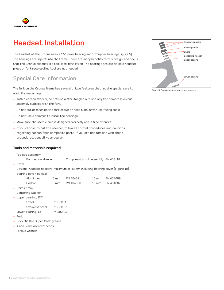 Headset installation, Special care information | Gary Fisher Cronos User Manual | Page 7 / 27