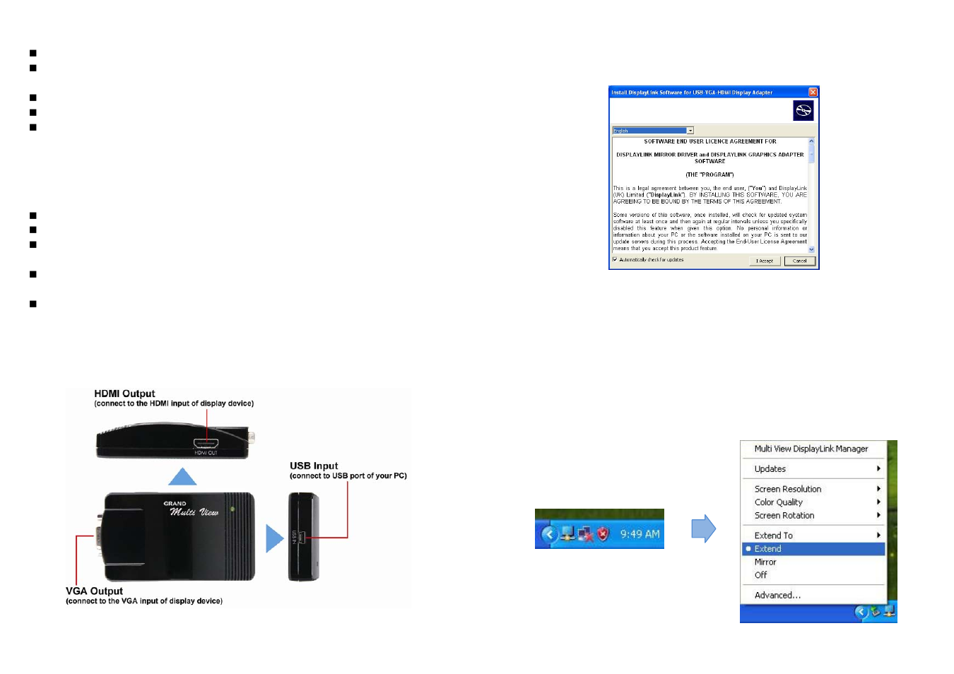 Product features, Hardware overview, Installation | Using the multi view | GrandTec P498 User Manual | Page 3 / 6