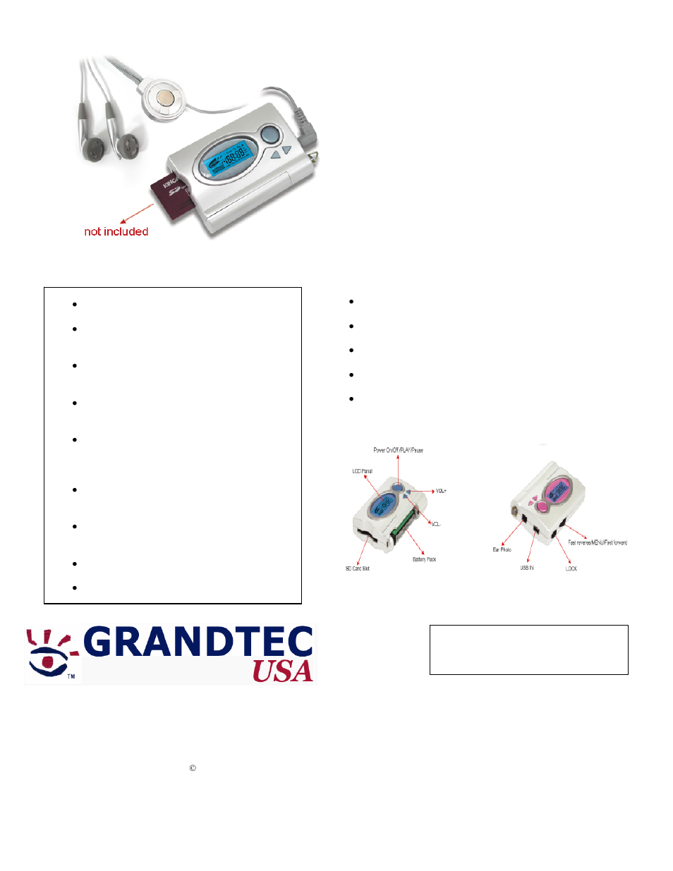 GrandTec Grand MP3 Music Player User Manual | 1 page