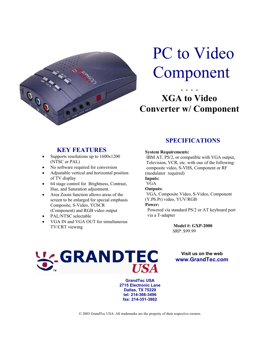 GrandTec PC to Video Component GXP-2000 User Manual | 1 page
