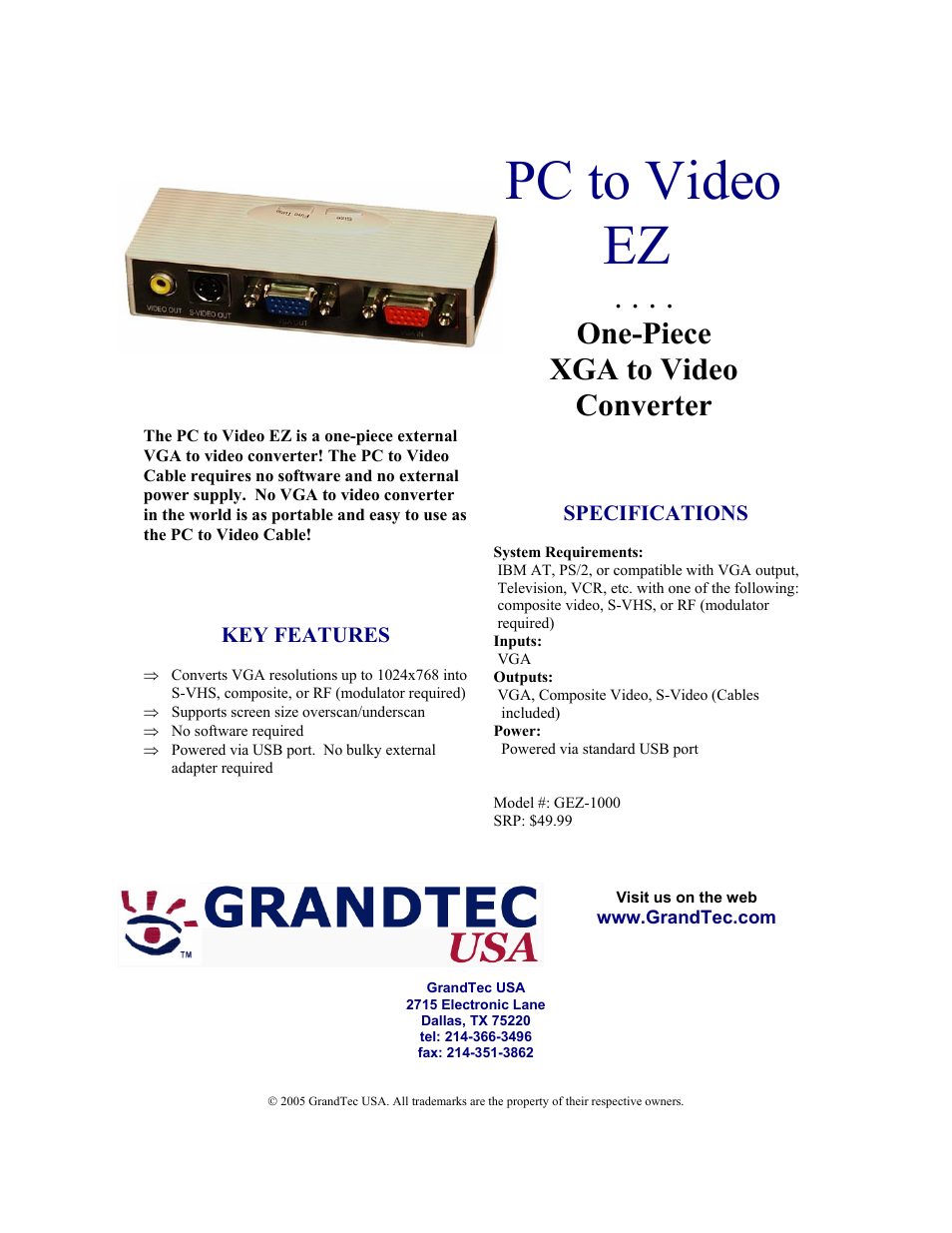 GrandTec GEZ-1000 User Manual | 1 page