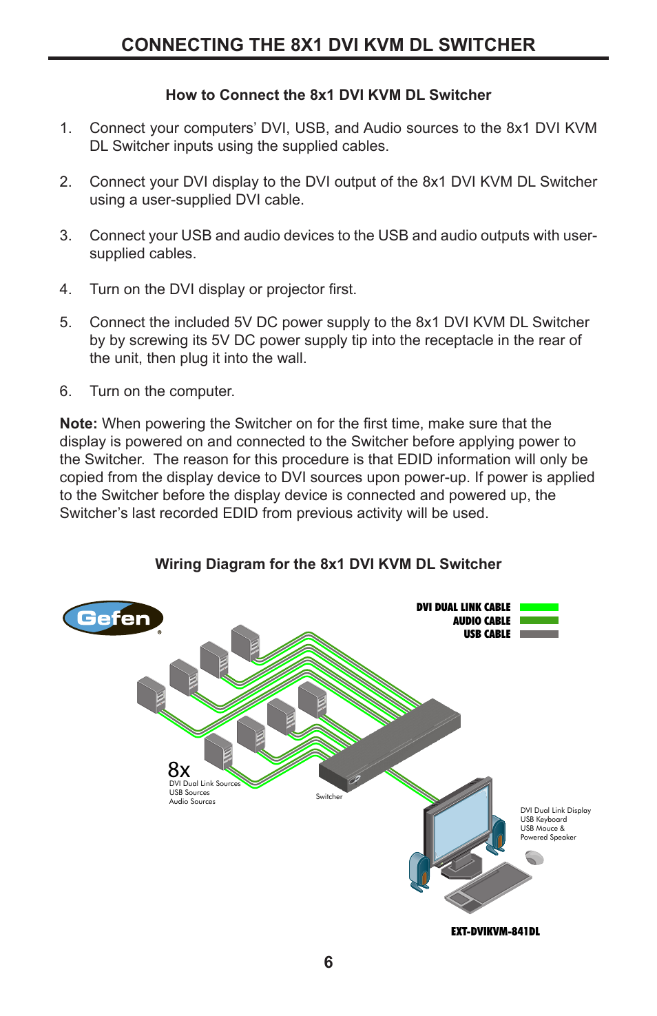 6 connecting the 8x1 dvi kvm dl switcher, Connecting the 8x1 dvi kvm dl switcher | Gefen EXT-DVIKVM-841DL User Manual | Page 10 / 32