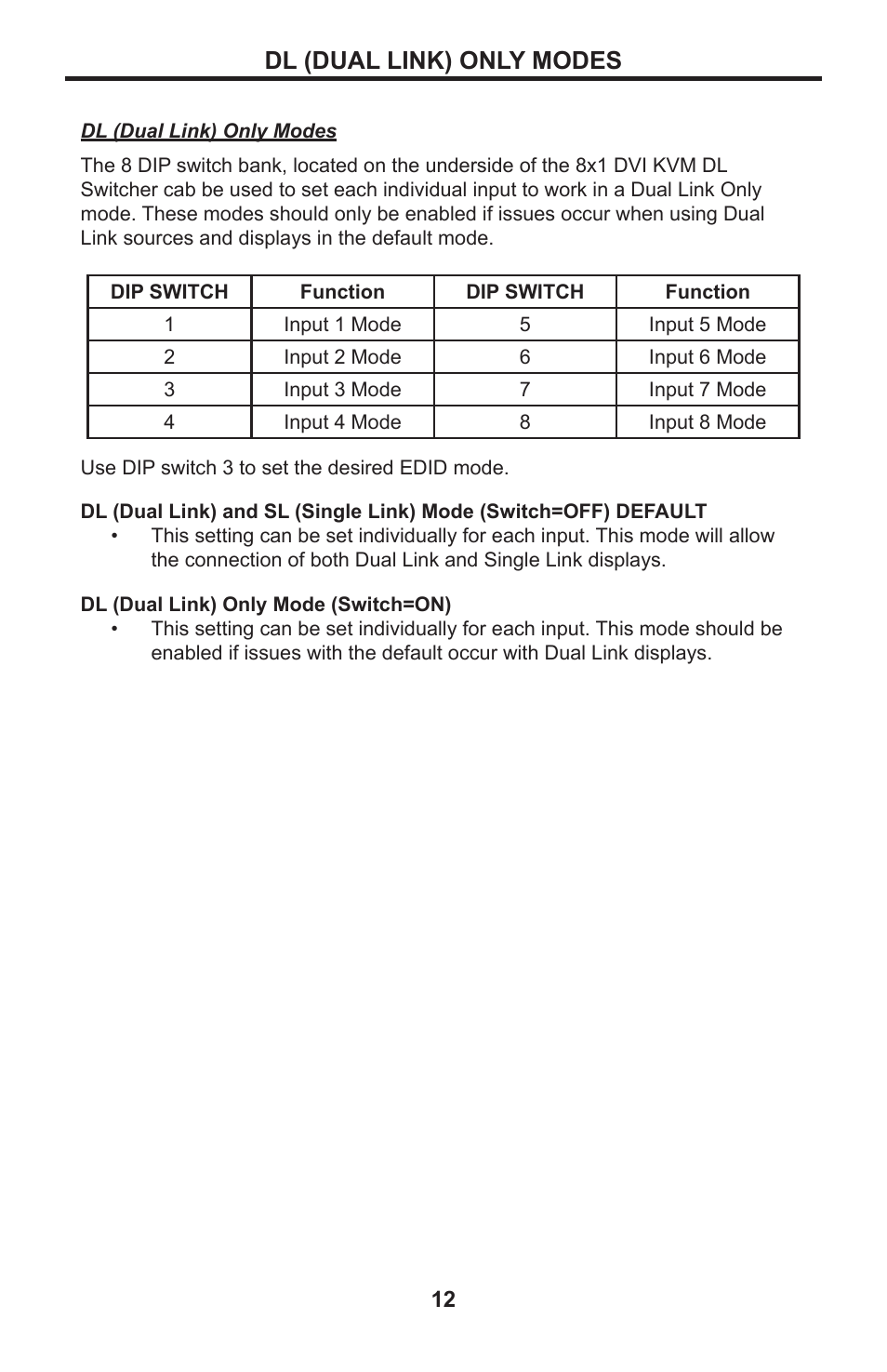 12 dl (dual link) only modes, Dl (dual link) only modes | Gefen EXT-DVIKVM-841DL User Manual | Page 16 / 32