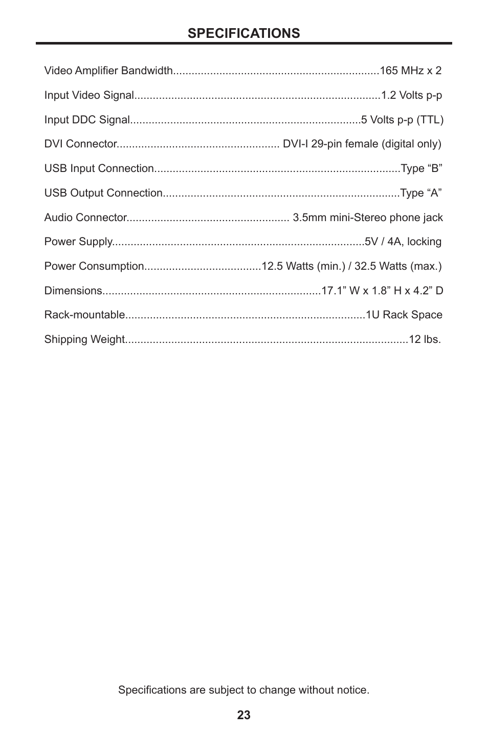 23 specifications, Specifications | Gefen EXT-DVIKVM-841DL User Manual | Page 27 / 32