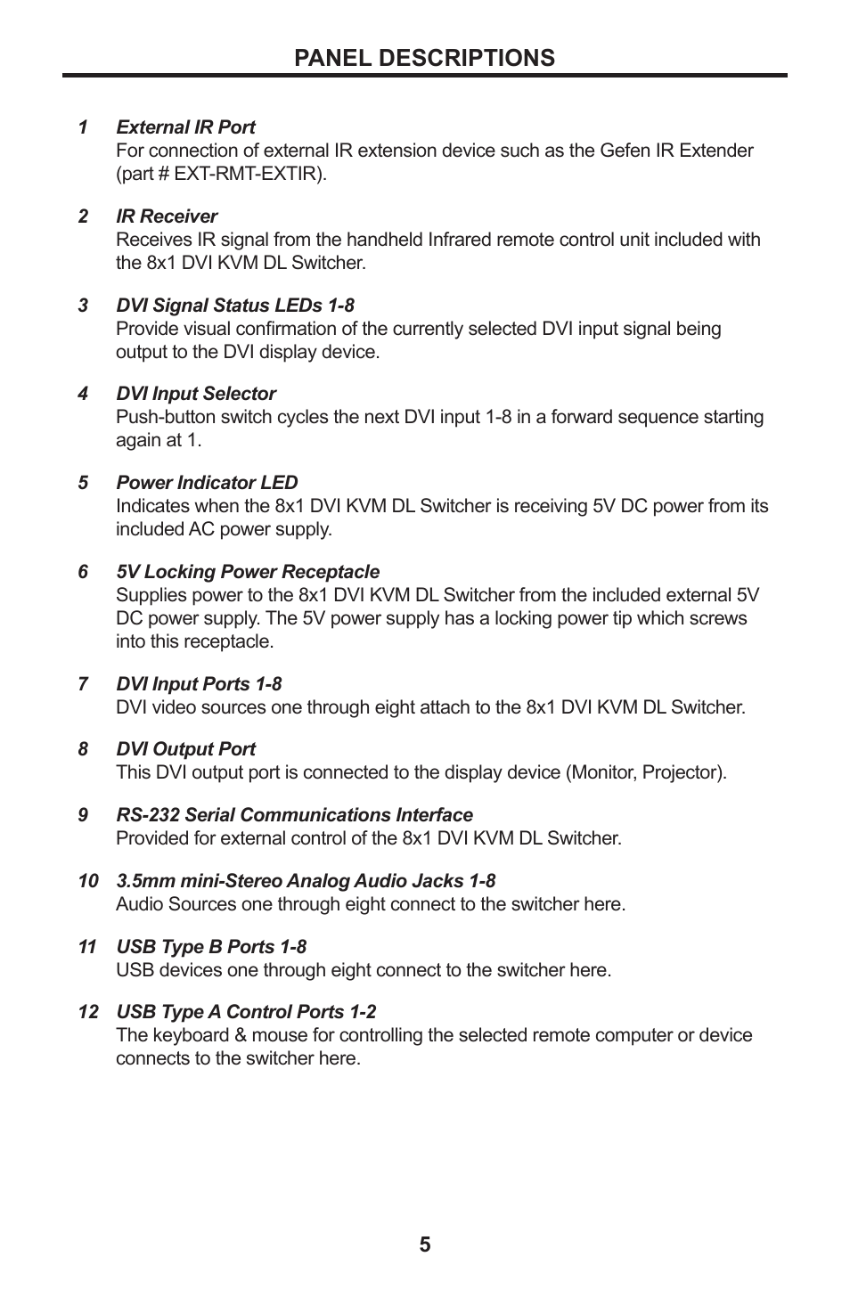 5 panel descriptions, Panel descriptions | Gefen EXT-DVIKVM-841DL User Manual | Page 9 / 32