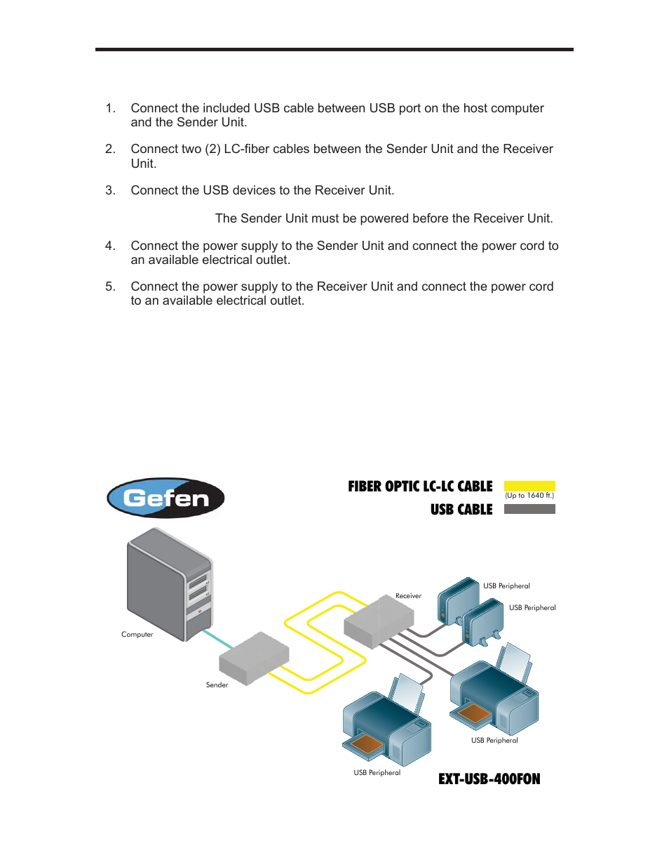 Connecting and operating the usb-400fon extender, Ext-usb-400fon, Fiber optic lc-lc cable usb cable | Gefen USB 400 FO EXT-USB-400FON User Manual | Page 11 / 19