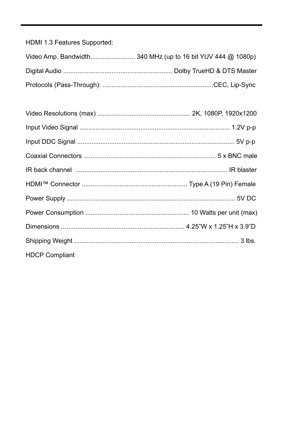 Specifications | Gefen EXT-HDMI-5BNC User Manual | Page 13 / 15