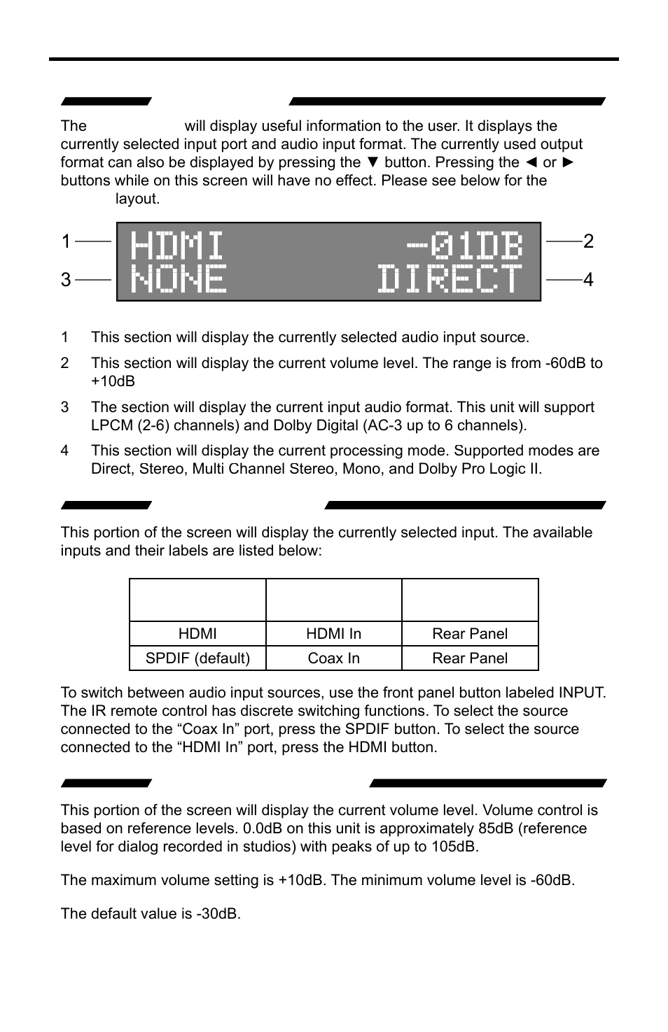 Main display, 1 - input source, 2 - volume indicator | Operating the home theater audio processor | Gefen GTV-HT-AUDPROC User Manual | Page 17 / 36