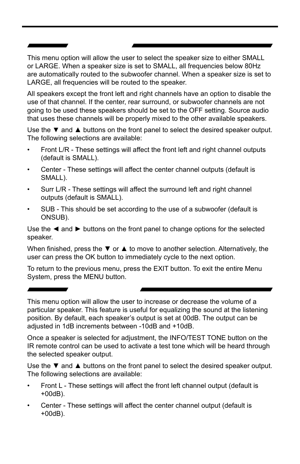 Speaker size, Speaker level, Operating the home theater audio processor | Gefen GTV-HT-AUDPROC User Manual | Page 20 / 36