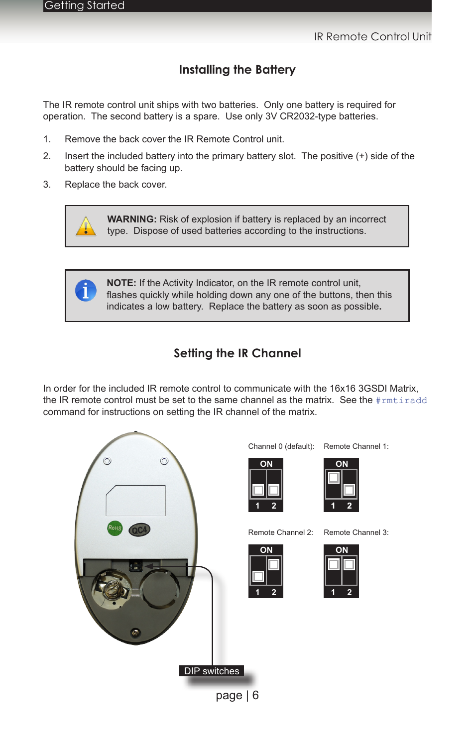 Installing the battery, Setting the ir channel, Installing the battery setting the ir channel | Page | 6 | Gefen 1080P User Manual | Page 16 / 64