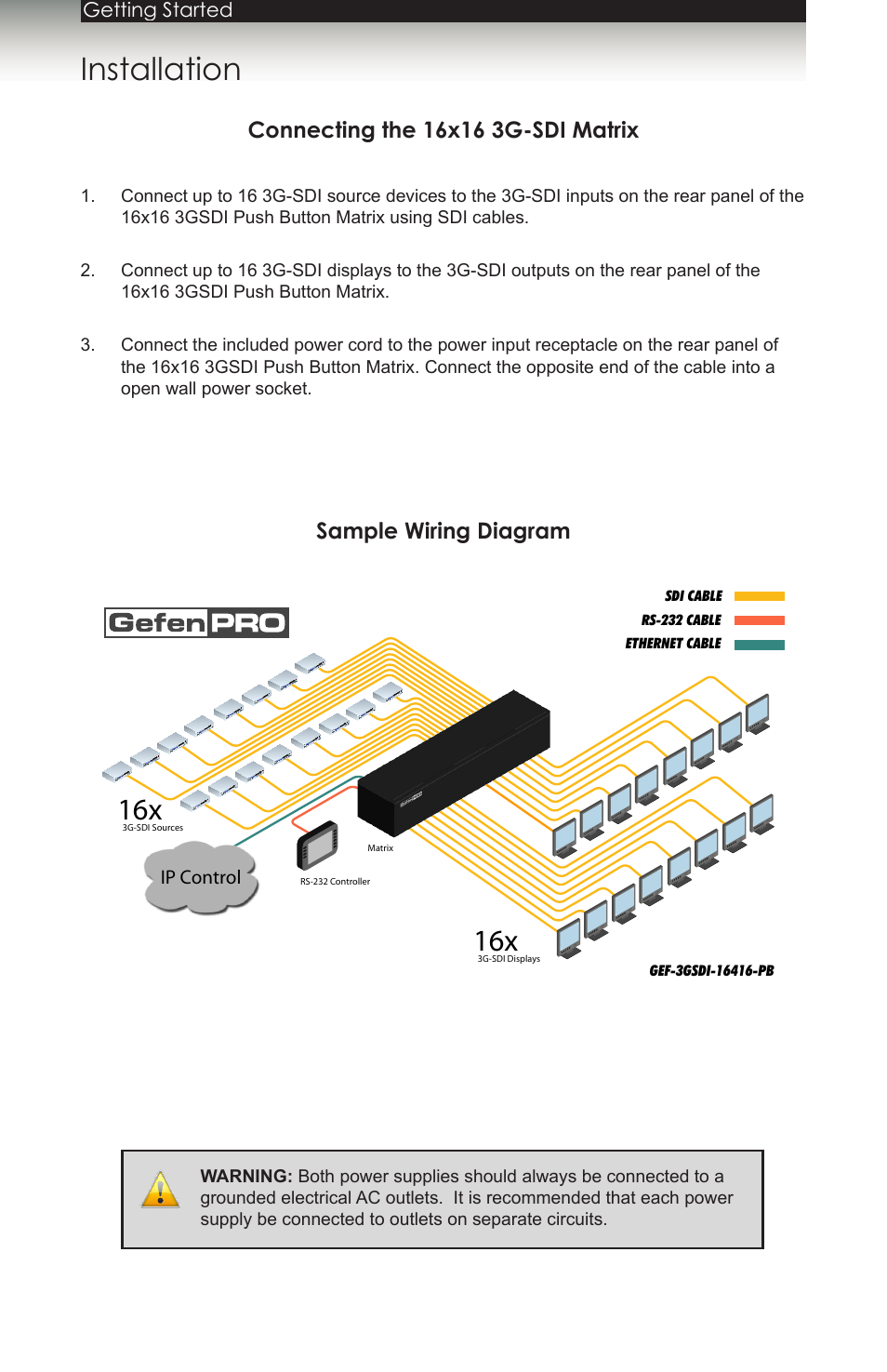 Installation, Connecting the 16x16 3g-sdi matrix, Sample wiring diagram | Gefen 1080P User Manual | Page 17 / 64