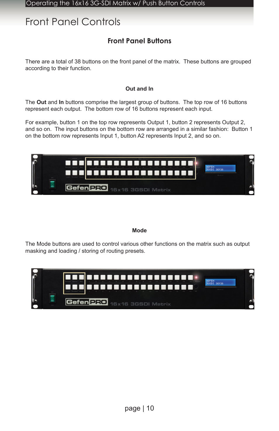 Front panel controls, Front panel buttons, Matrix. see | For more, Page | 10 | Gefen 1080P User Manual | Page 20 / 64