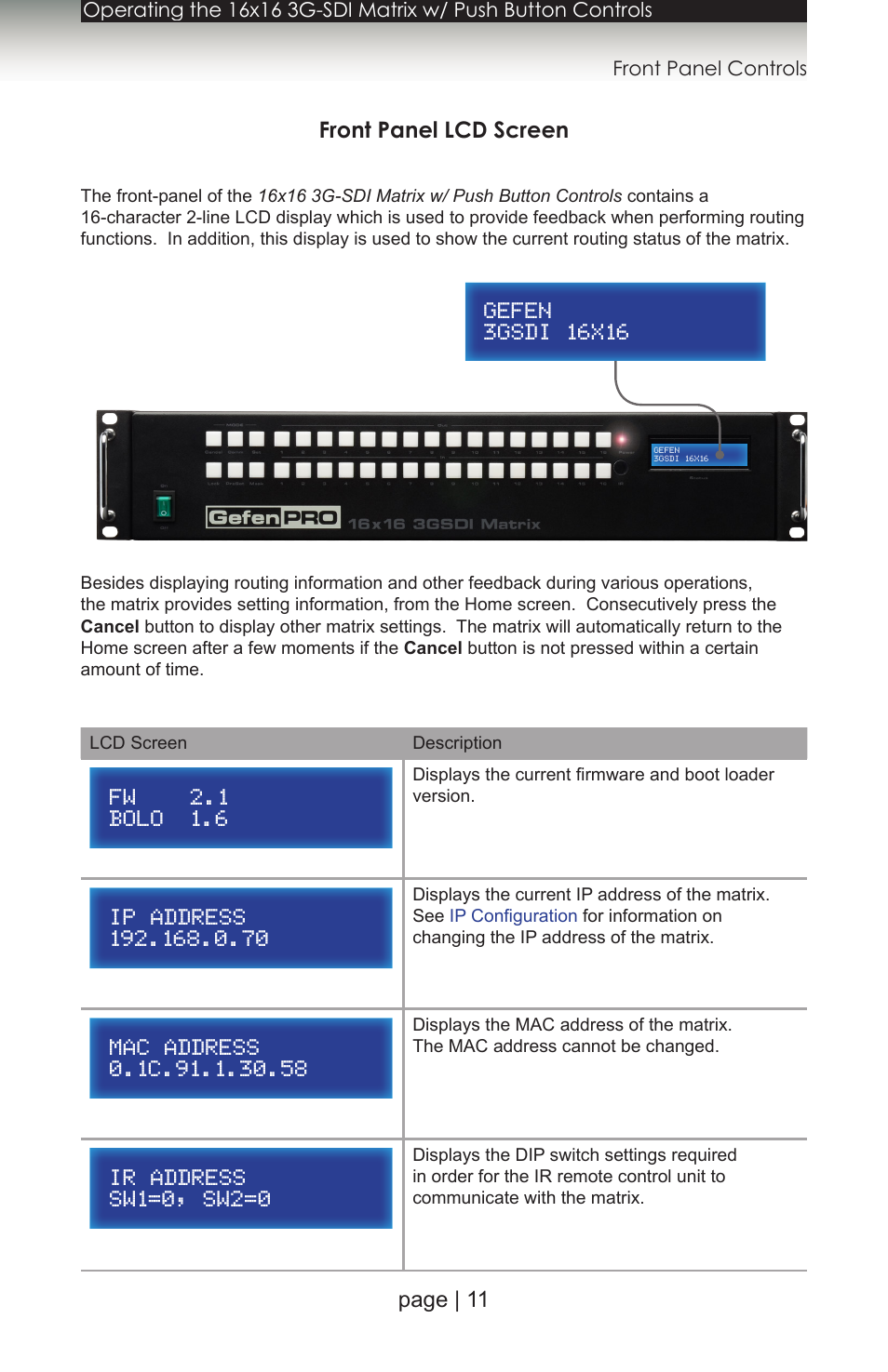 Front panel lcd screen, Page | 11 front panel lcd screen | Gefen 1080P User Manual | Page 21 / 64