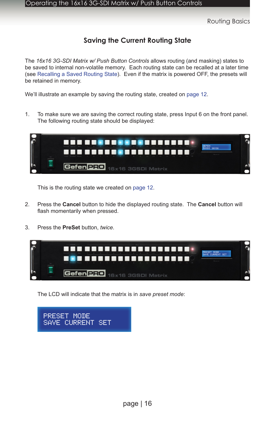 Saving the current routing state, Page | 16 saving the current routing state | Gefen 1080P User Manual | Page 26 / 64