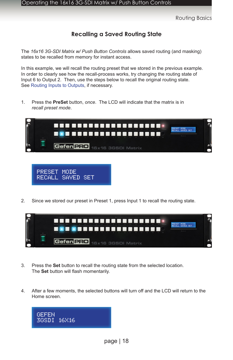 Recalling a saved routing state, Page | 18 recalling a saved routing state | Gefen 1080P User Manual | Page 28 / 64