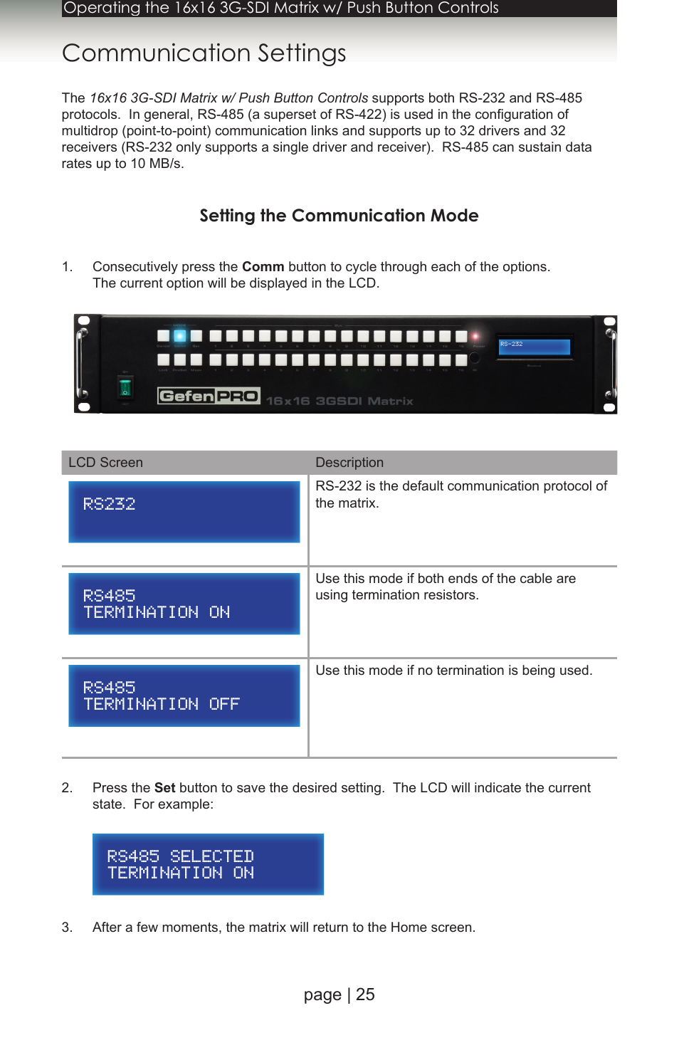 Communication settings, Setting the communication mode, Page | 25 | Gefen 1080P User Manual | Page 35 / 64