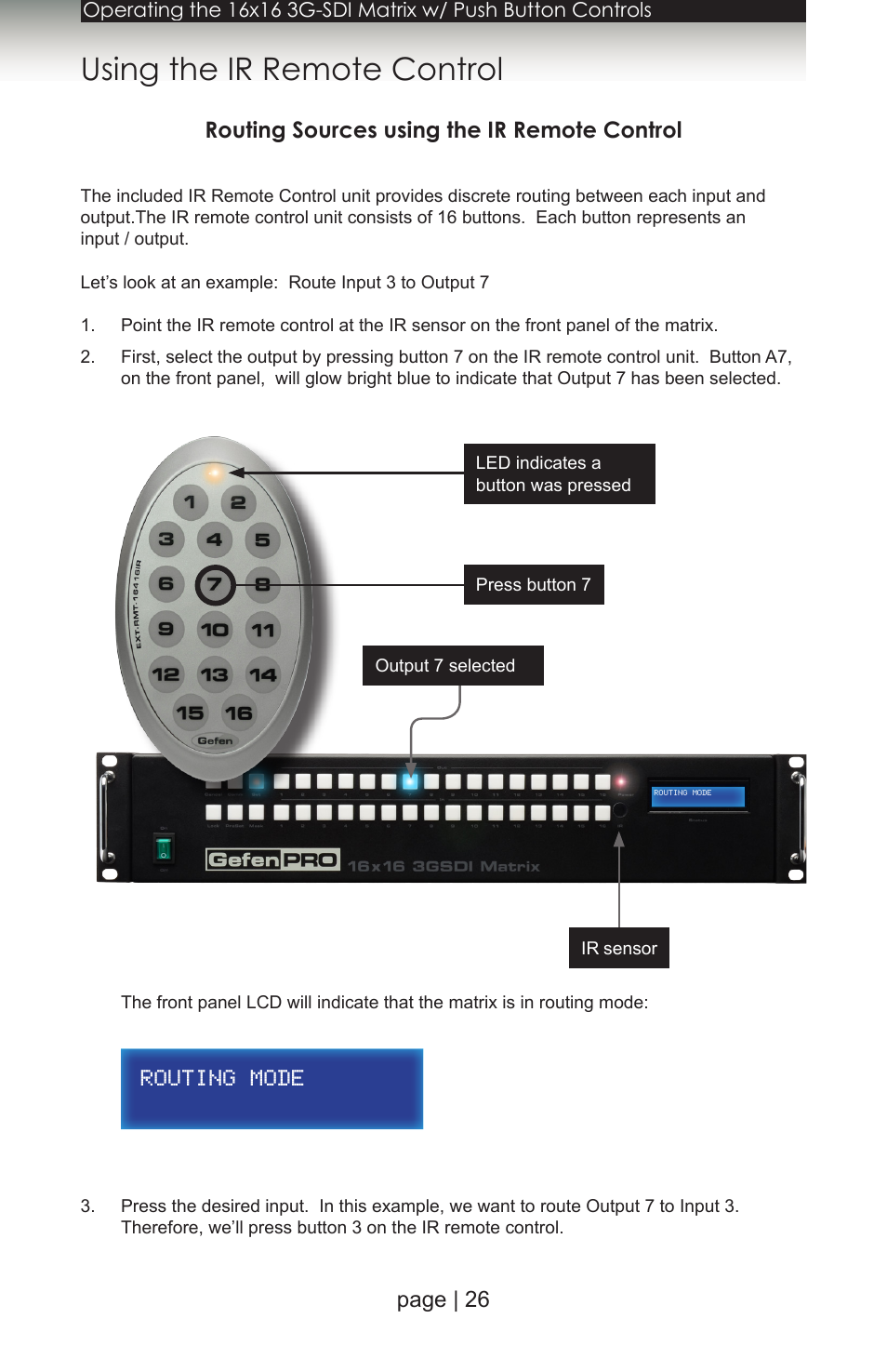 Using the ir remote control, Routing sources using the ir remote control | Gefen 1080P User Manual | Page 36 / 64