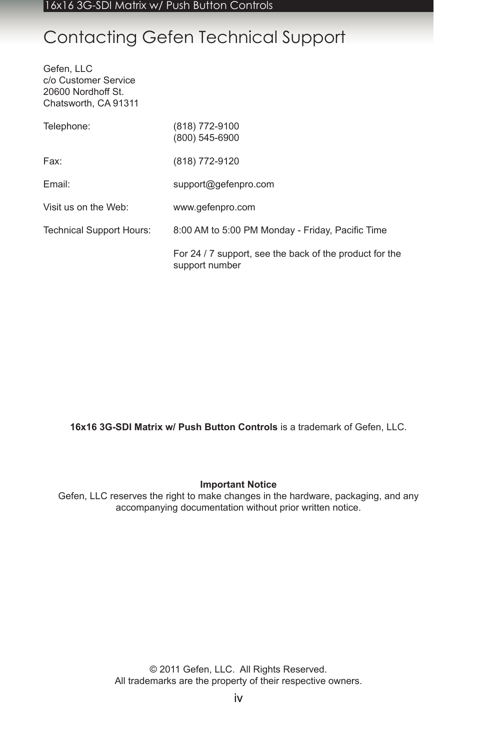 Contacting gefen technical support | Gefen 1080P User Manual | Page 4 / 64