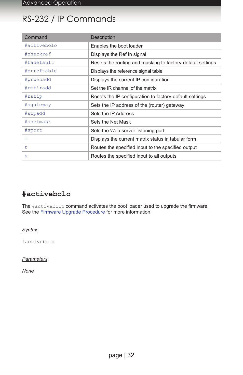 Rs-232 / ip commands, Activebolo, Page | 32 | Gefen 1080P User Manual | Page 42 / 64