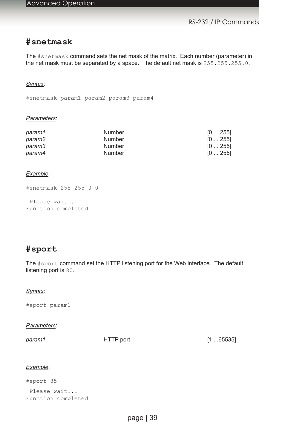 Snetmask, Sport, Command | Listening port using the, Page | 39 | Gefen 1080P User Manual | Page 49 / 64