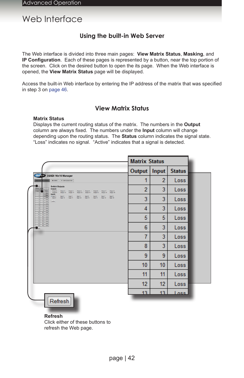 Web interface, Using the built-in web server, View matrix status | Using the built-in web server view matrix status, View matrix status page | 42 | Gefen 1080P User Manual | Page 52 / 64