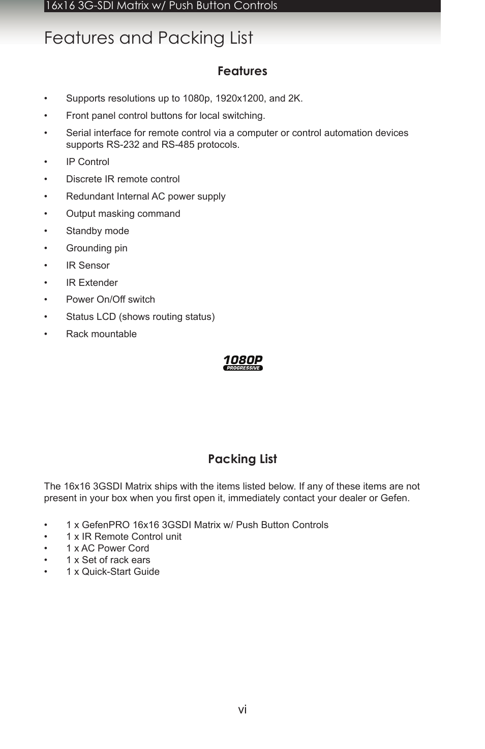 Features and packing list, Vi features, Packing list | Gefen 1080P User Manual | Page 6 / 64