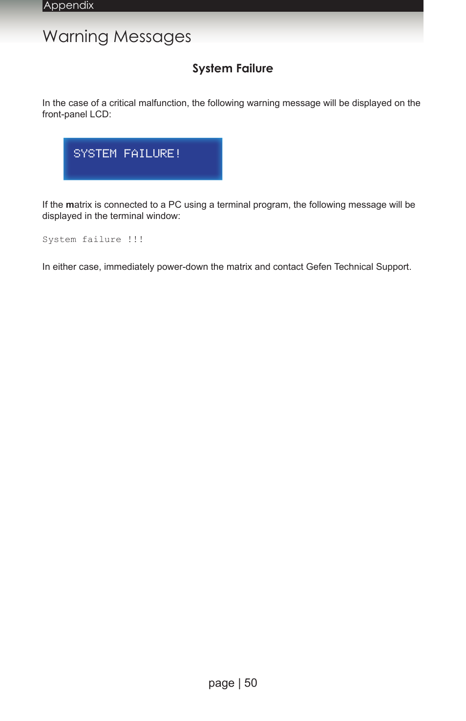 Warning messages, System failure | Gefen 1080P User Manual | Page 60 / 64