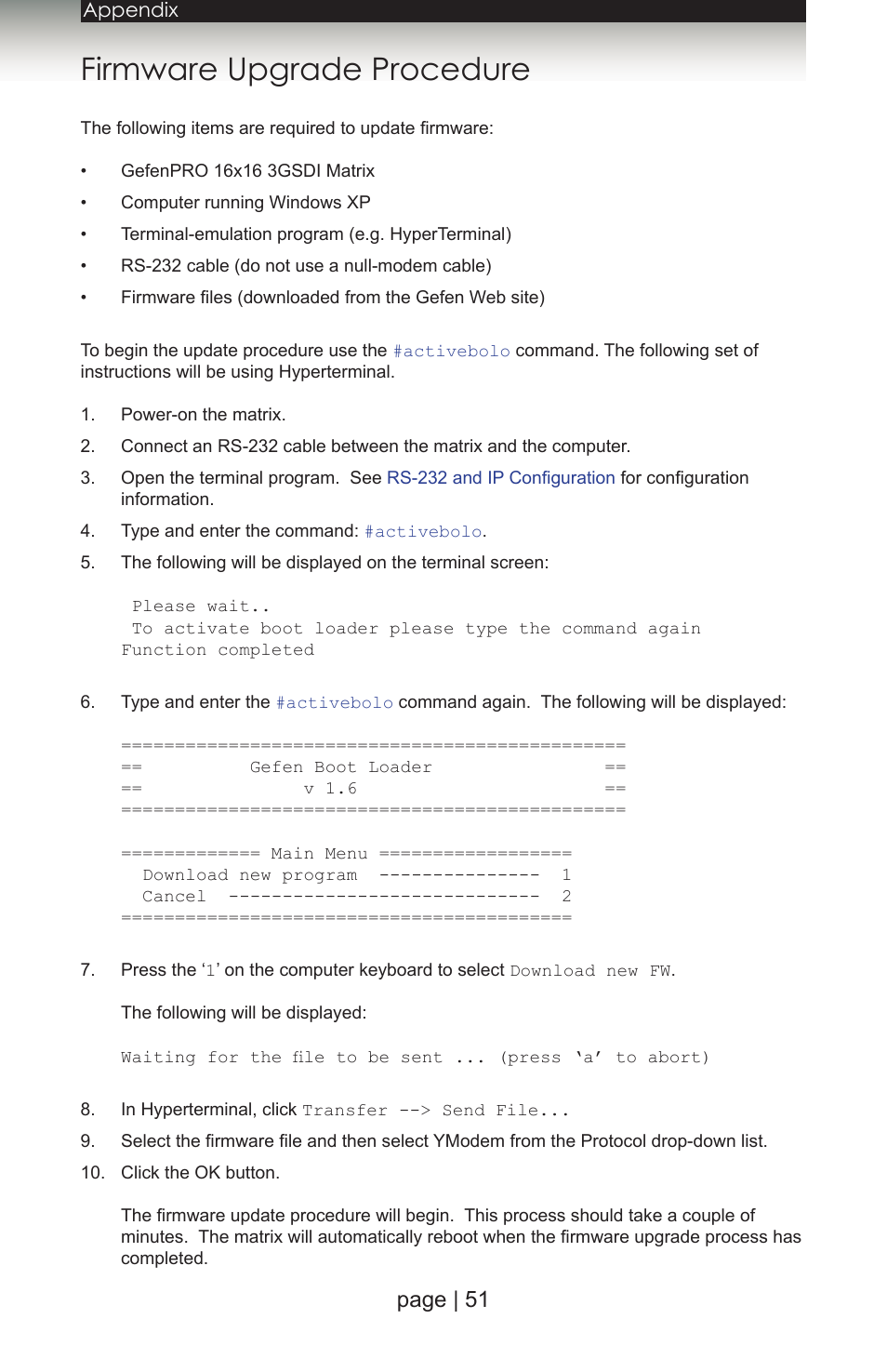 Firmware upgrade procedure, Page | 51 | Gefen 1080P User Manual | Page 61 / 64