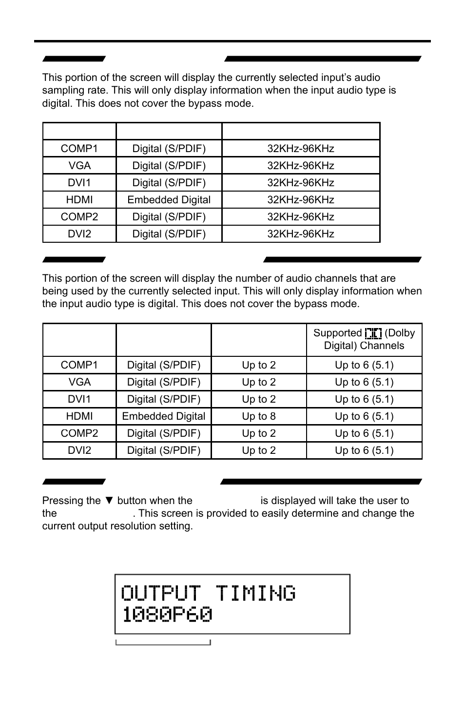 Sampling rates, Number of channels, Output screen | Using the a/v cinema scaler pro - main lcd | Gefen PRO I User Manual | Page 21 / 60