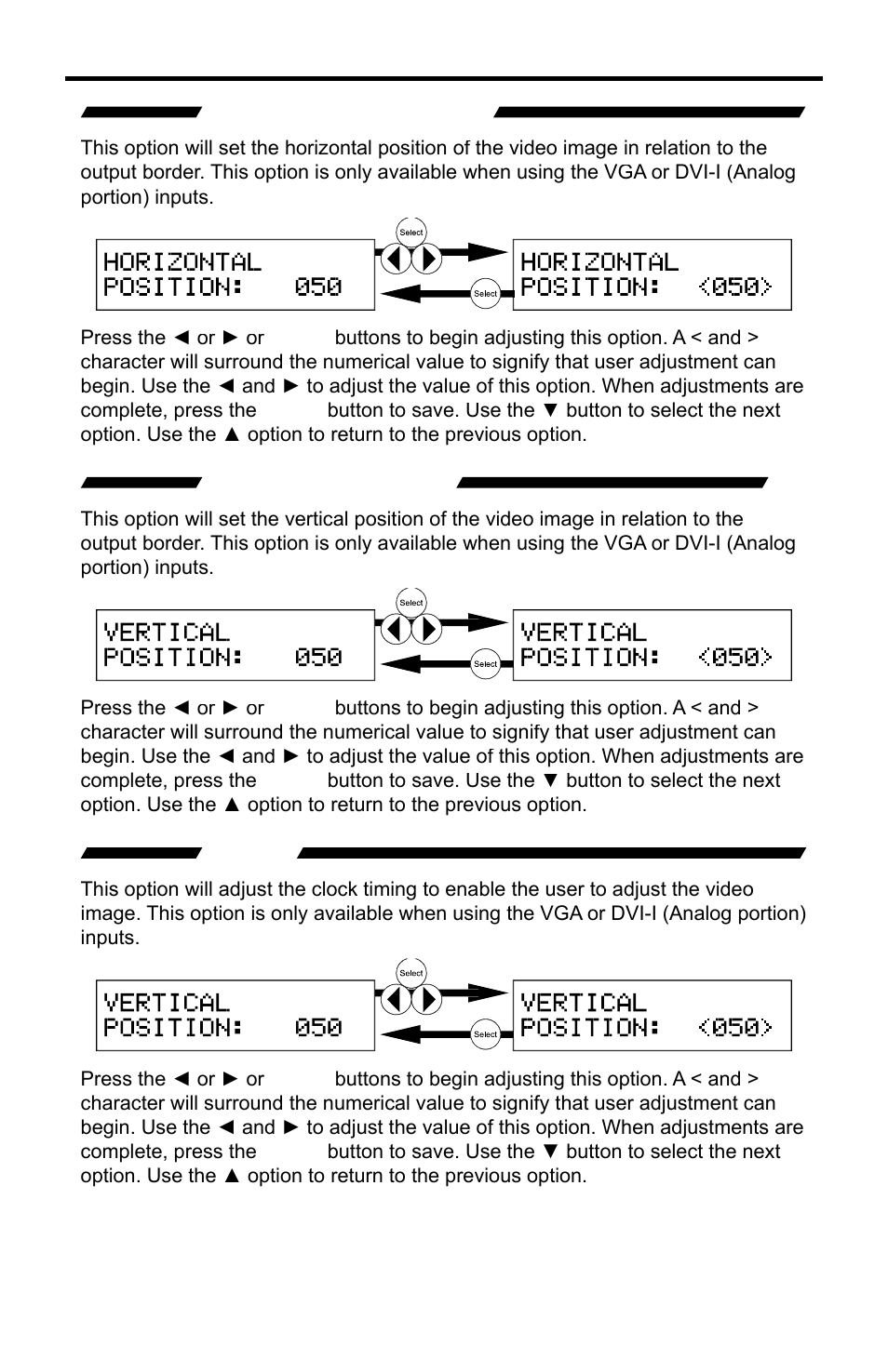 Horizontal position, Vertical position, Clock | Gefen PRO I User Manual | Page 35 / 60