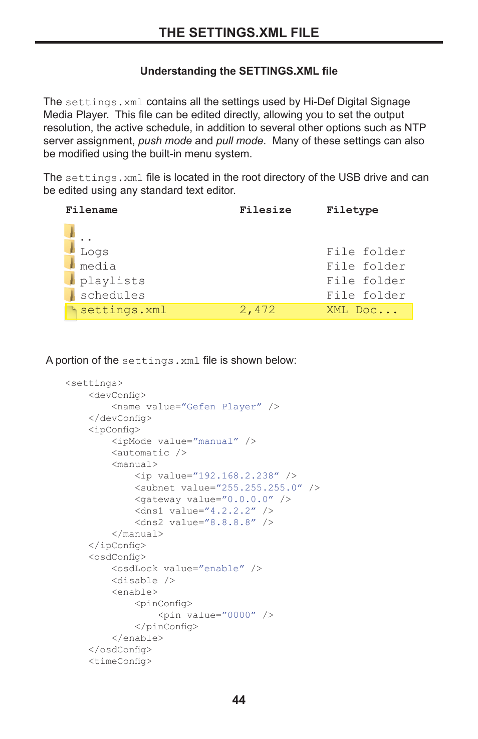 The settings.xml file | Gefen EXT-HD-DSMP User Manual | Page 48 / 64
