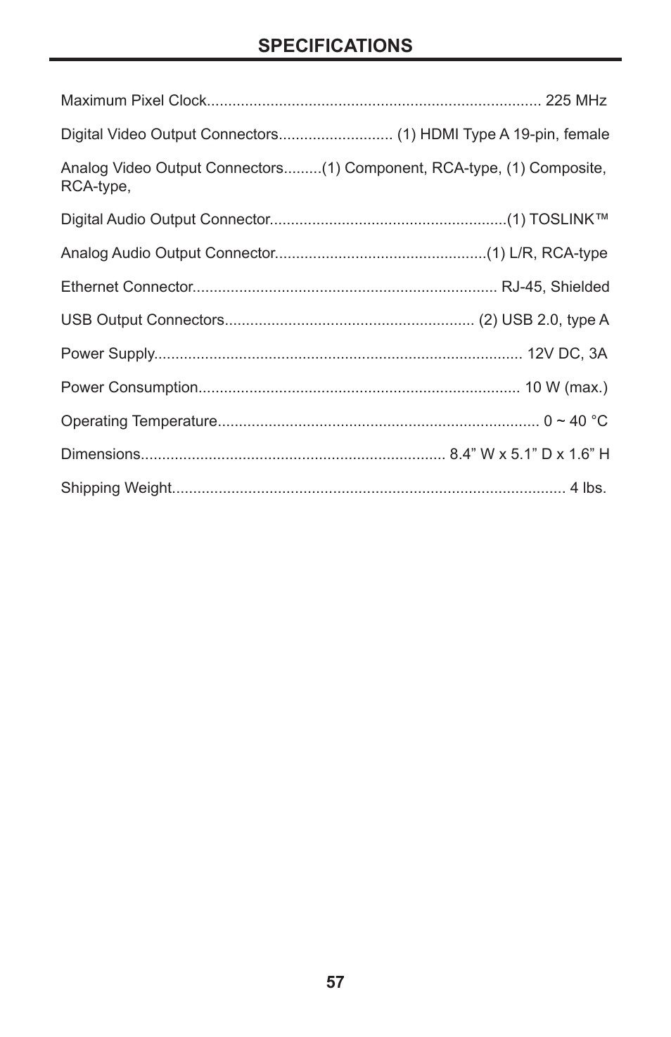 Specifications | Gefen EXT-HD-DSMP User Manual | Page 61 / 64
