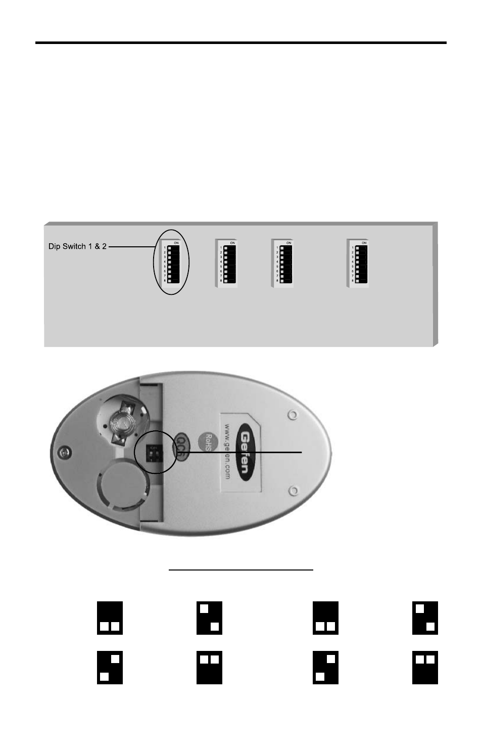 Rmt-848ir ir channel configuration, 8x8 dvi matrix dip switches, Rmt-848ir dip switches | Ir channel configuration, 8x8 dvi matrix | Gefen 8x8 EXT-DVI-848 User Manual | Page 15 / 31