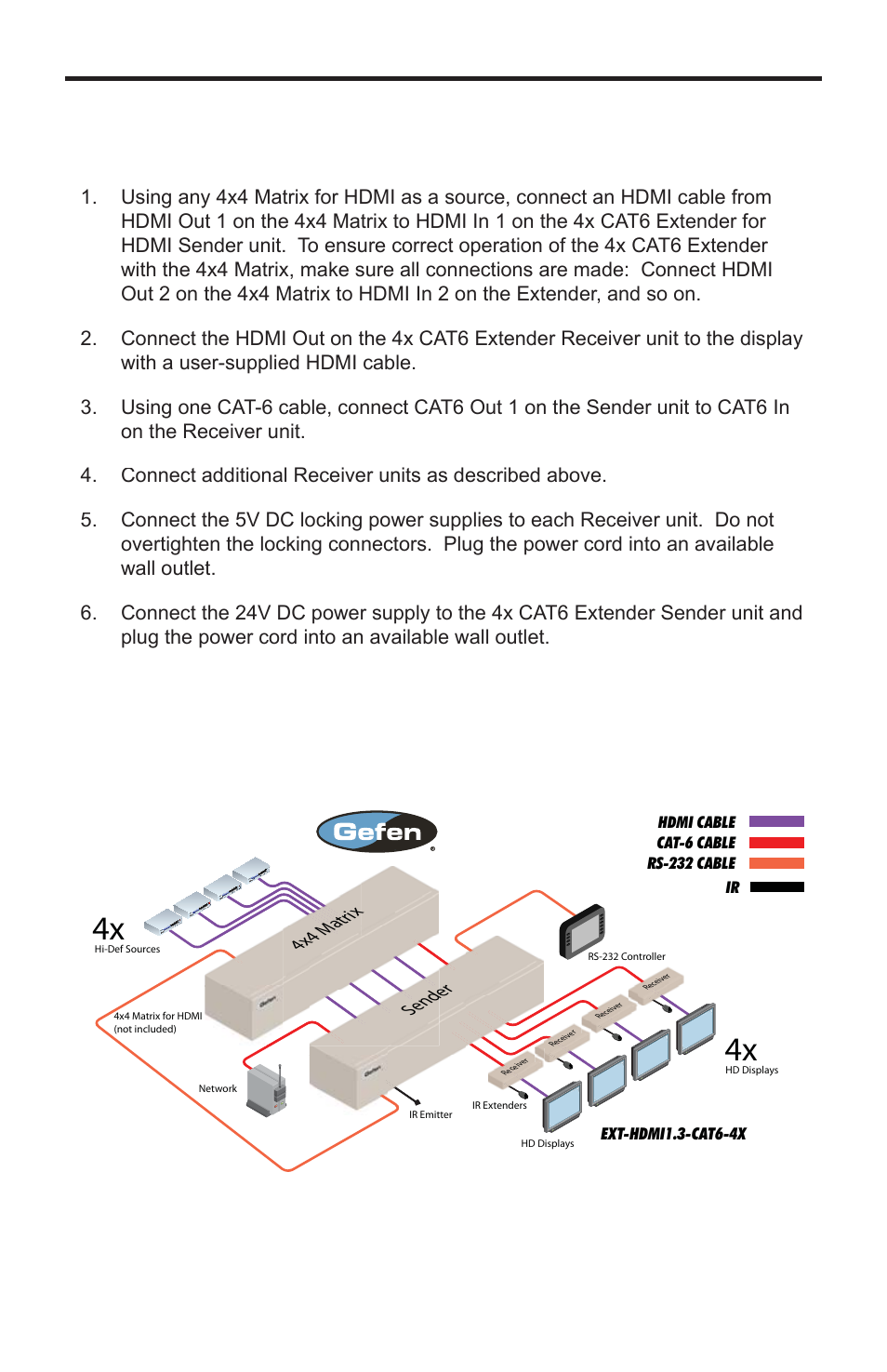 Connecting the 4x cat6 extender for hdmi, Sender 4x4 m atrix | Gefen EXT-HDMI1.3-CAT6-4X User Manual | Page 15 / 40