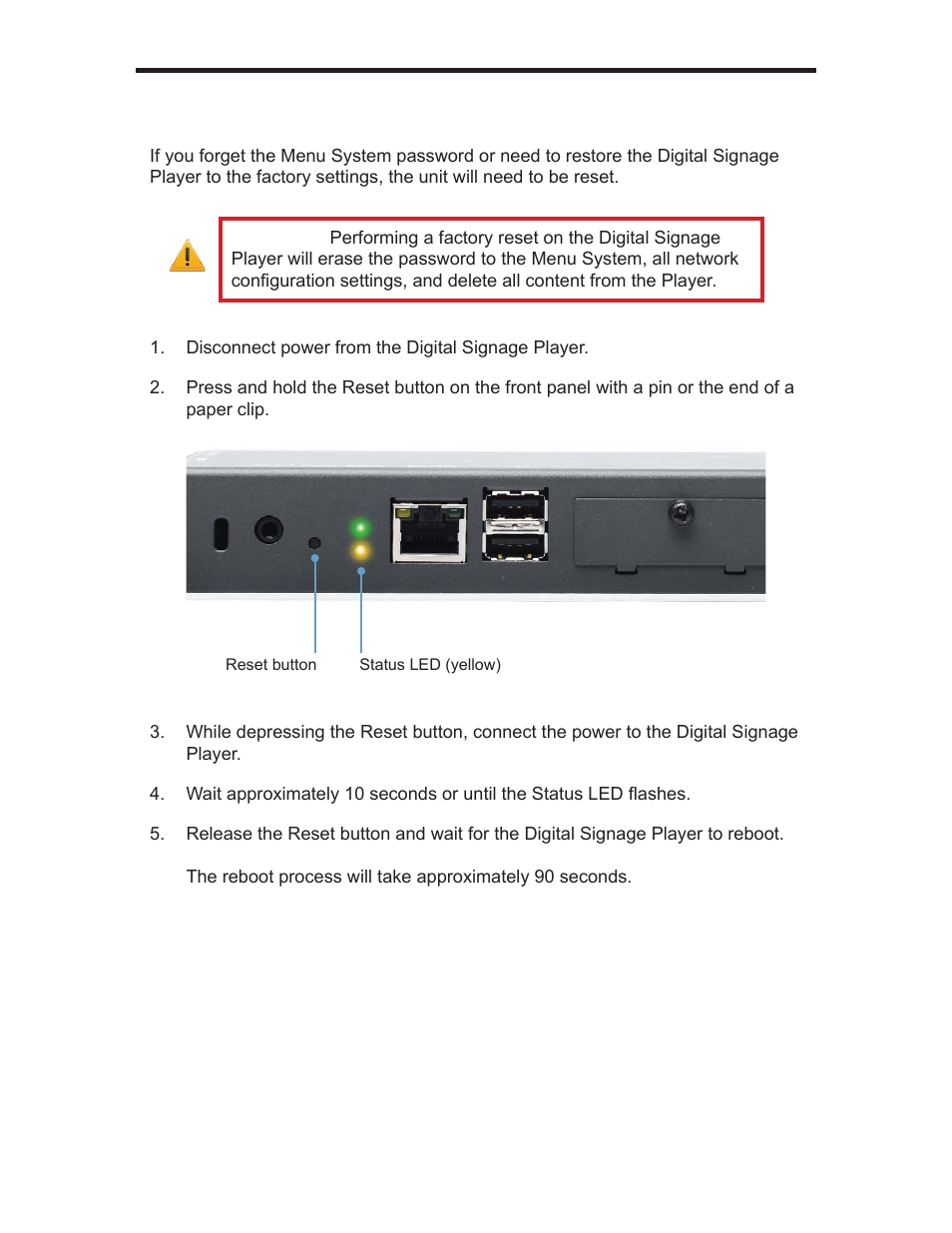 Resetting the digital signage player | Gefen EXT-HD-DSWF User Manual | Page 54 / 59