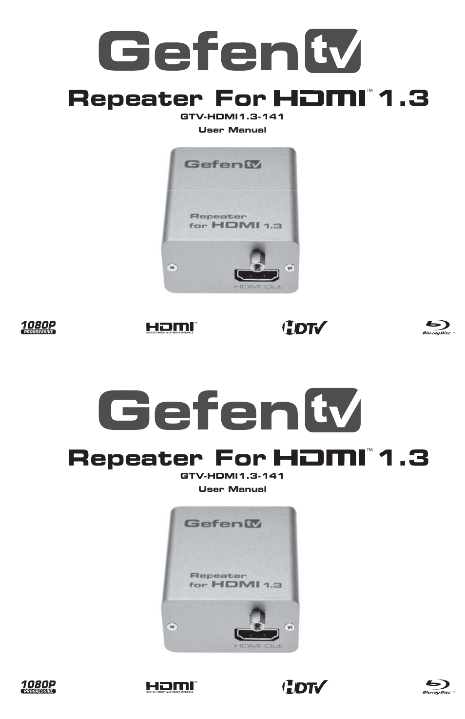 Gefen Repeater For HDMI 1.3 GTV-HDMI1.3-141 User Manual | 9 pages