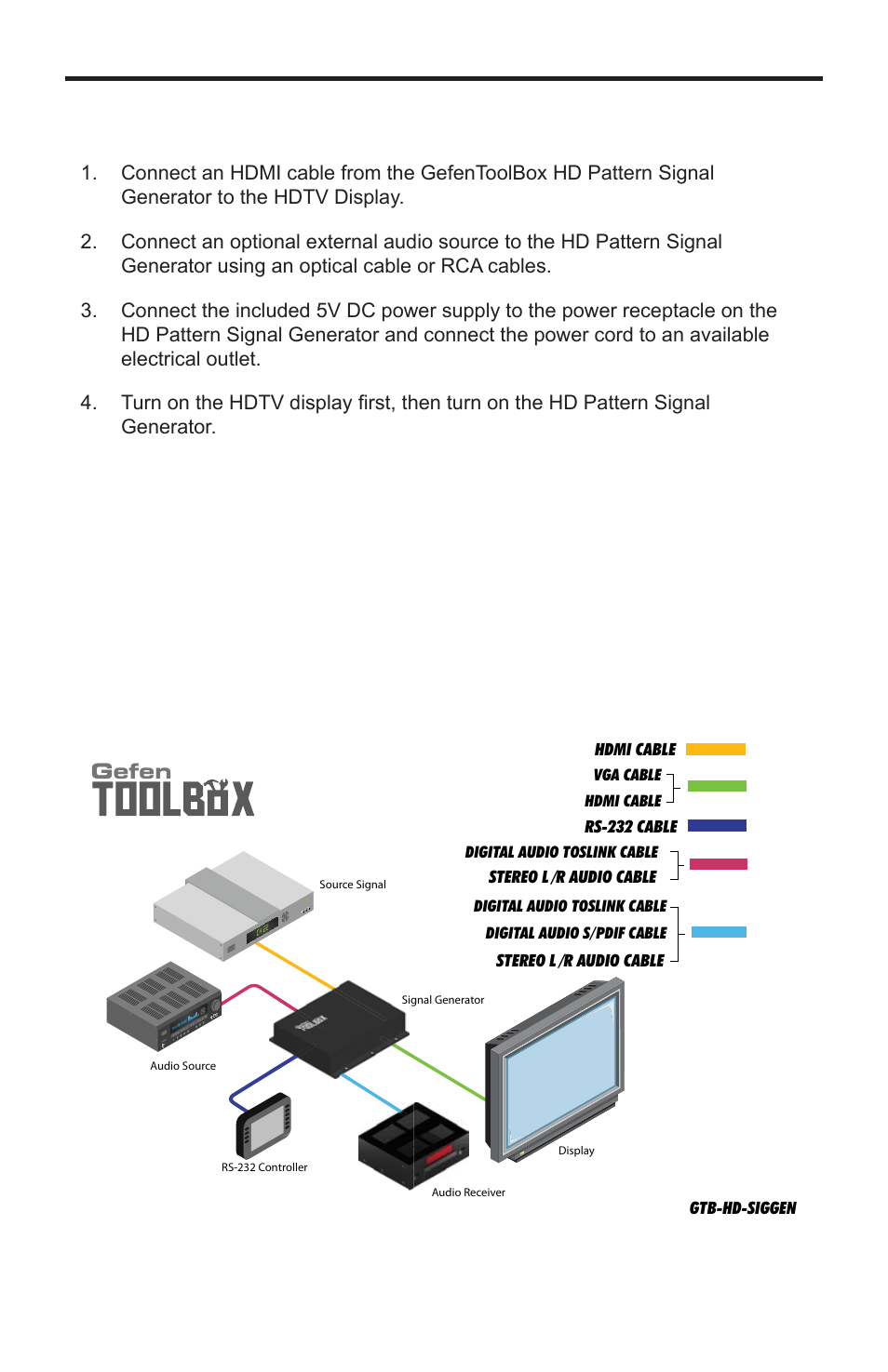 Connecting the hd pattern signal generator, Gefen | Gefen GTB-HD-SIGGEN User Manual | Page 17 / 92