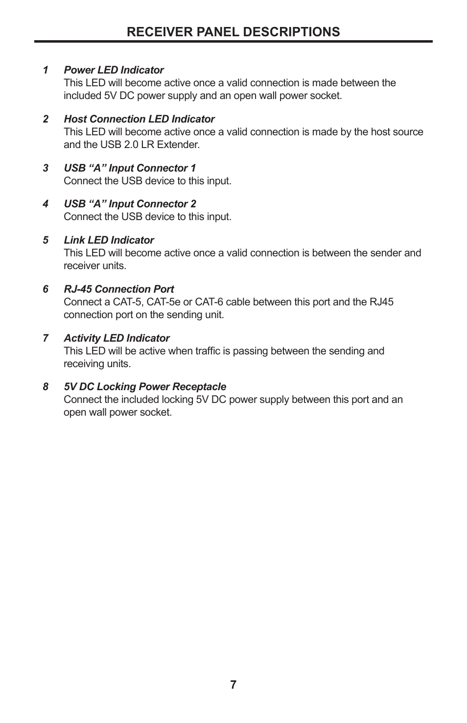 7 receiver panel descriptions, Receiver panel descriptions | Gefen USB 2.0 LR Extender EXT-USB2.0-LR User Manual | Page 11 / 18