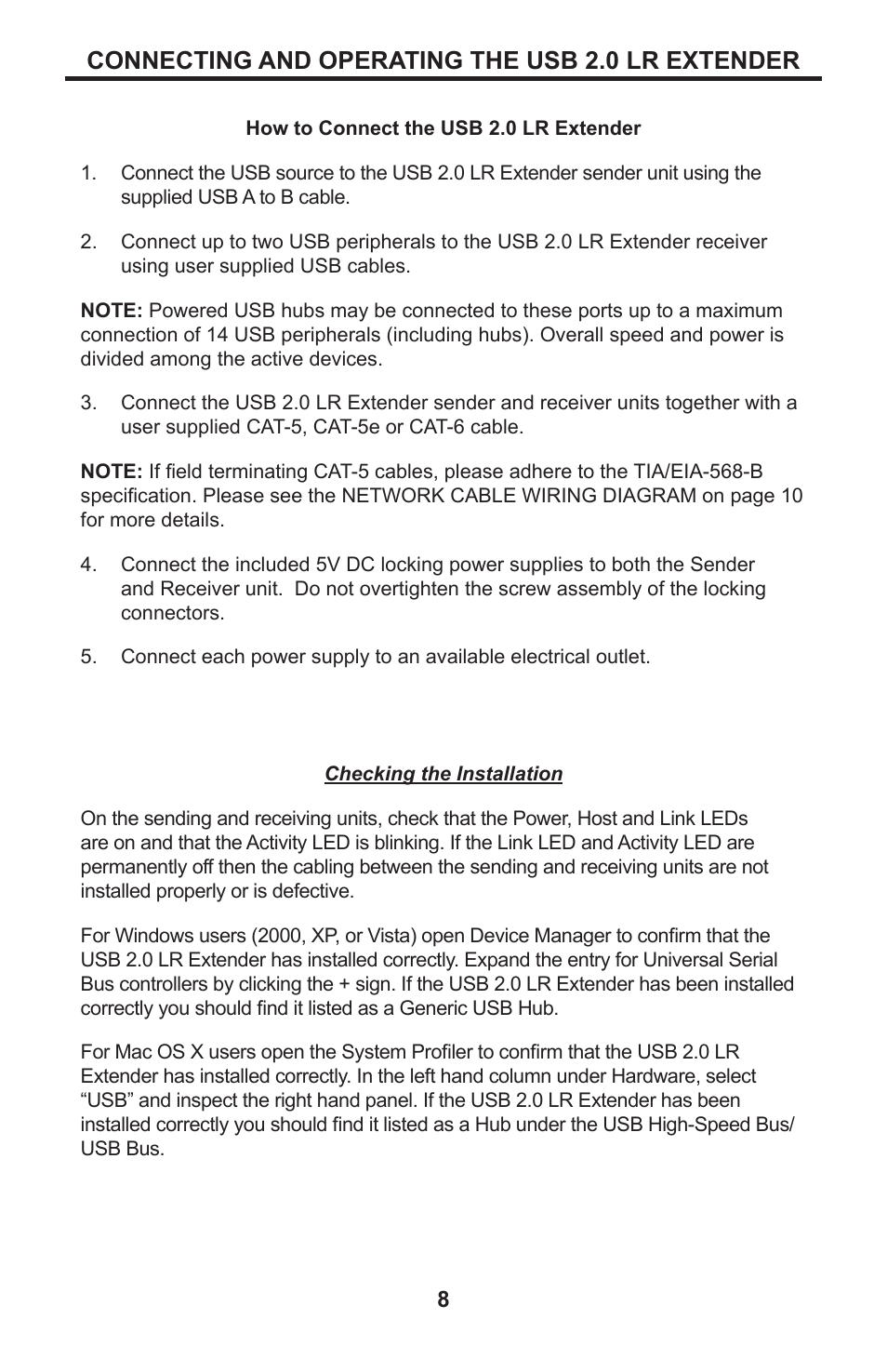 8 connecting and operating the usb 2.0 lr extender, Connecting and operating the usb 2.0 lr extender | Gefen USB 2.0 LR Extender EXT-USB2.0-LR User Manual | Page 12 / 18