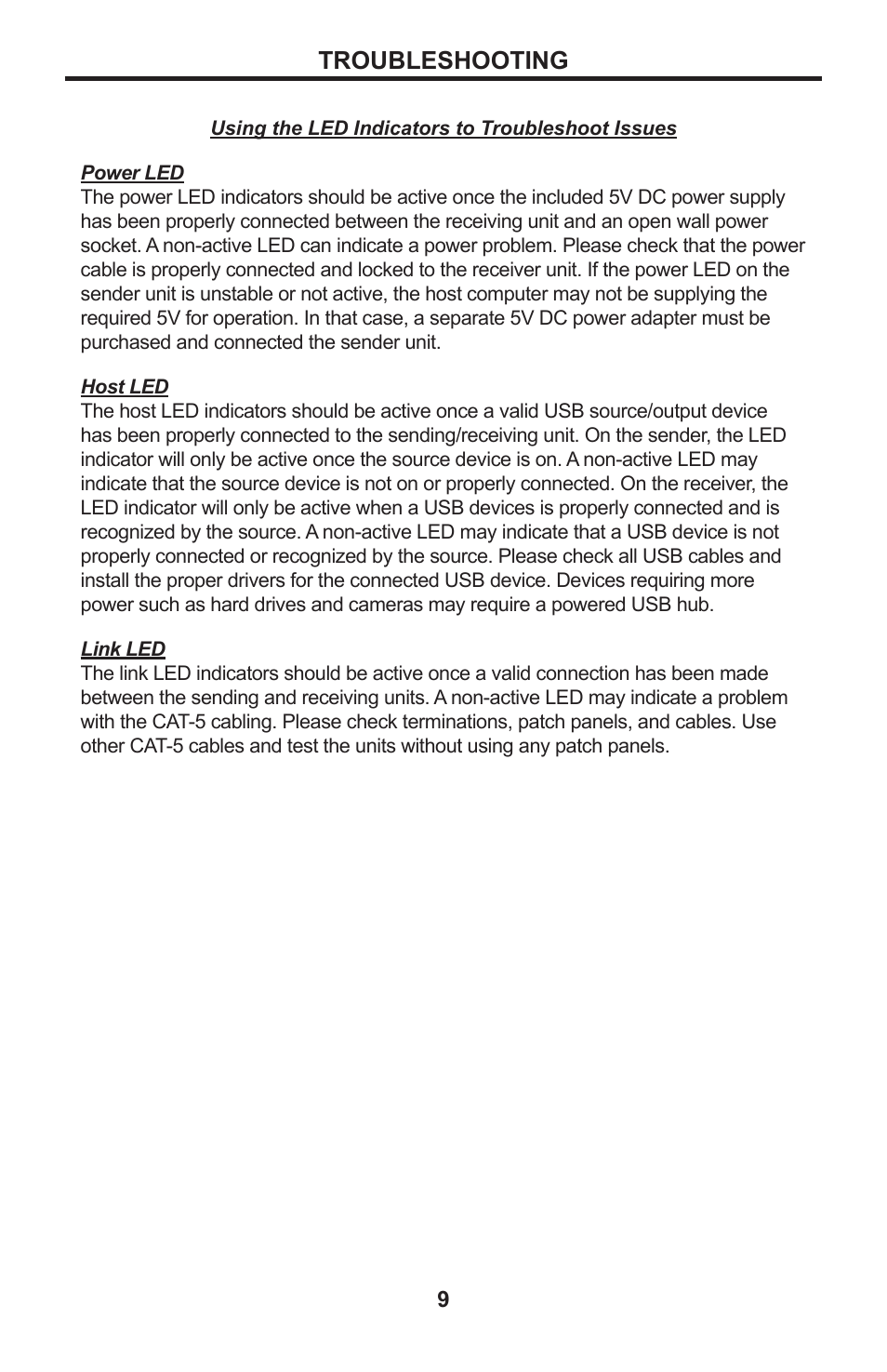 9 troubleshooting, Troubleshooting | Gefen USB 2.0 LR Extender EXT-USB2.0-LR User Manual | Page 13 / 18