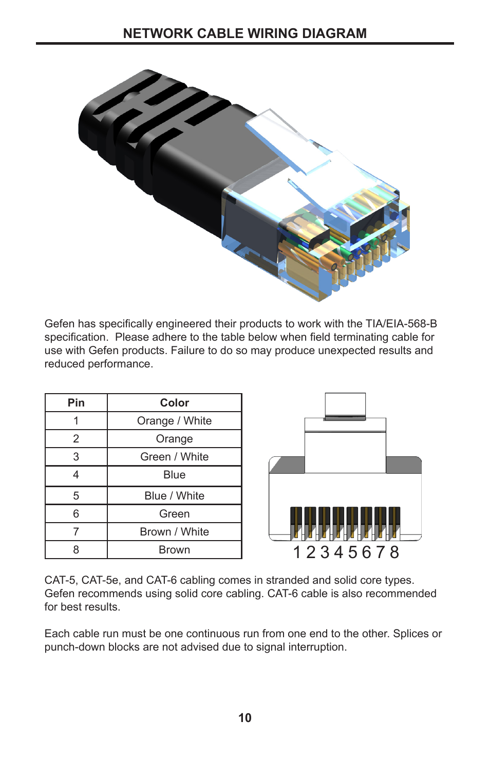 10 network cable wiring diagram, Network cable wiring diagram | Gefen USB 2.0 LR Extender EXT-USB2.0-LR User Manual | Page 14 / 18