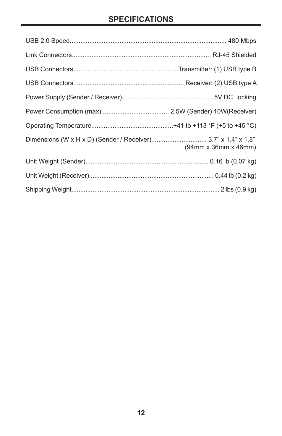 12 specifications, Specifications | Gefen USB 2.0 LR Extender EXT-USB2.0-LR User Manual | Page 16 / 18