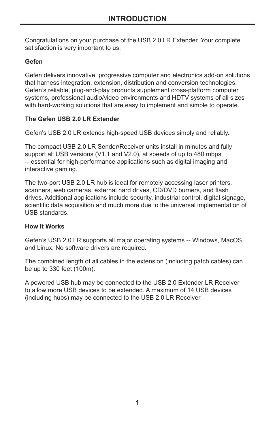 1 introduction, Introduction | Gefen USB 2.0 LR Extender EXT-USB2.0-LR User Manual | Page 5 / 18