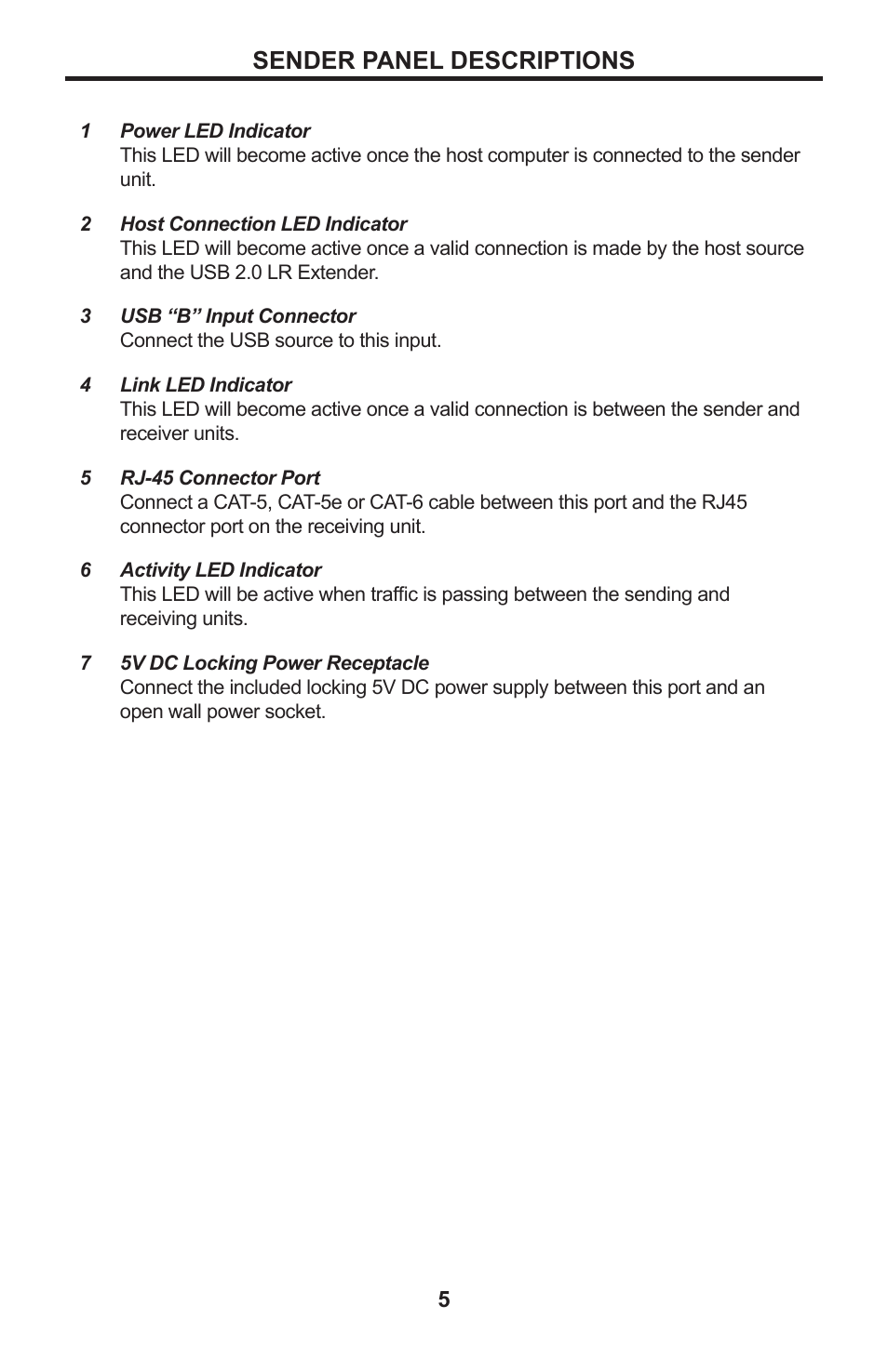 5 sender panel descriptions, Sender panel descriptions | Gefen USB 2.0 LR Extender EXT-USB2.0-LR User Manual | Page 9 / 18