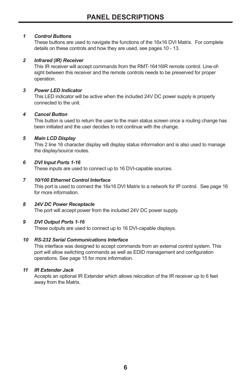 Panel descriptions | Gefen DVI MATRIX EXT-DVI-16416 User Manual | Page 10 / 72