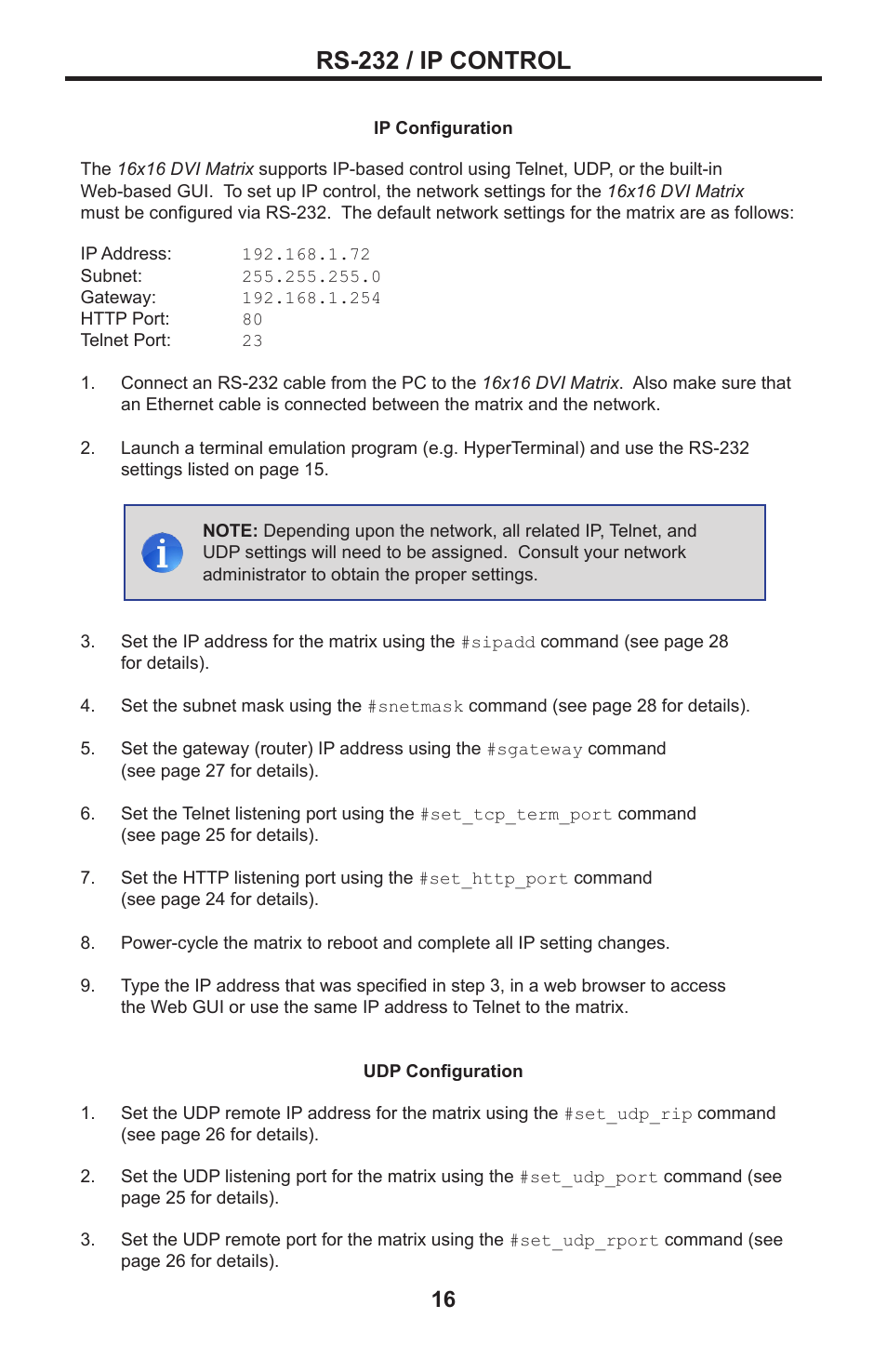 Rs-232 / ip control | Gefen DVI MATRIX EXT-DVI-16416 User Manual | Page 20 / 72