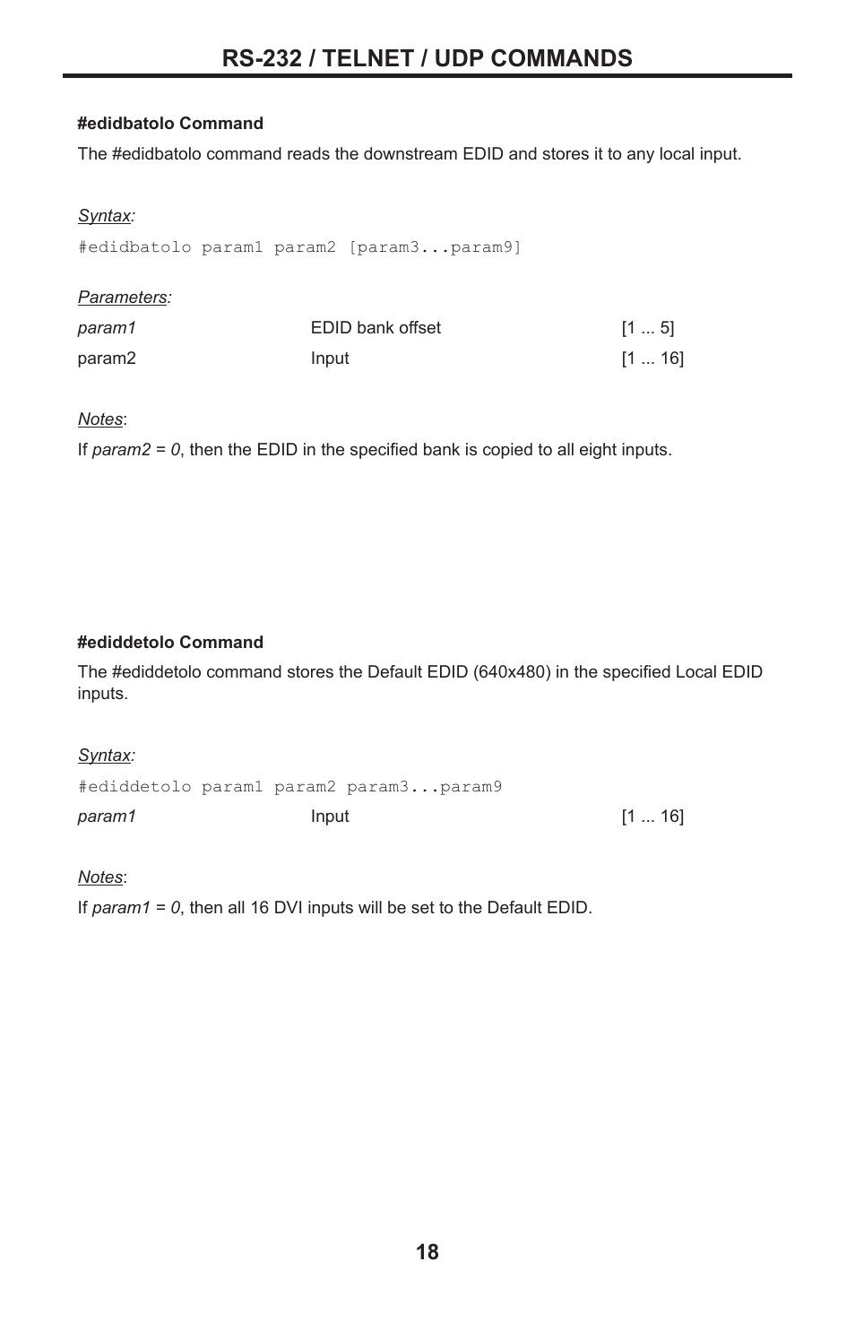 Rs-232 / telnet / udp commands | Gefen DVI MATRIX EXT-DVI-16416 User Manual | Page 22 / 72