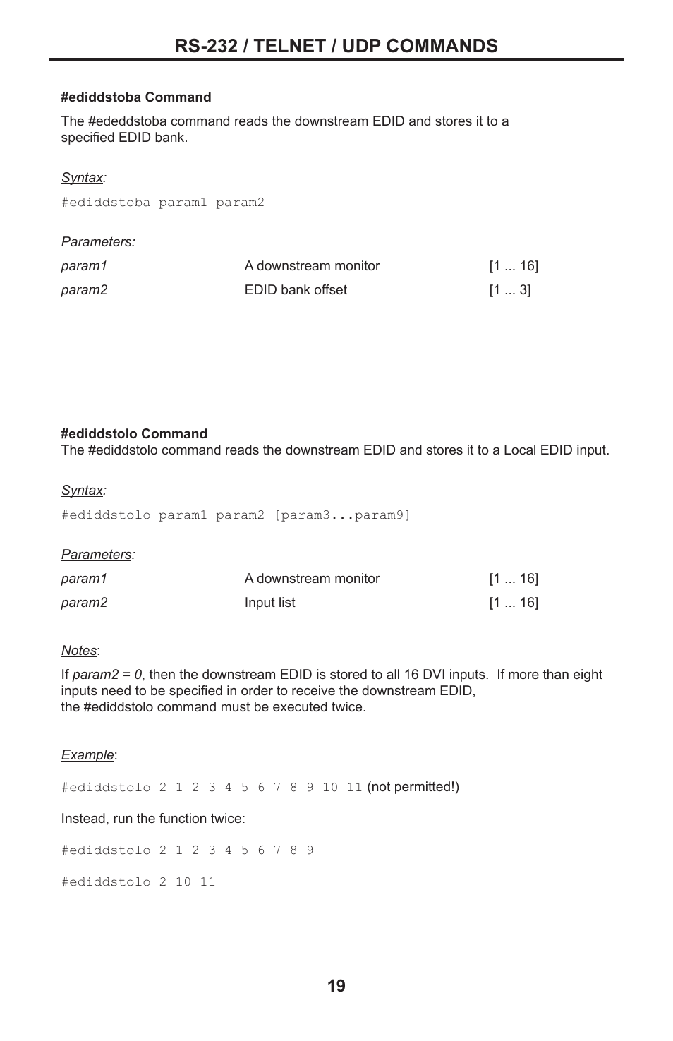 Rs-232 / telnet / udp commands | Gefen DVI MATRIX EXT-DVI-16416 User Manual | Page 23 / 72