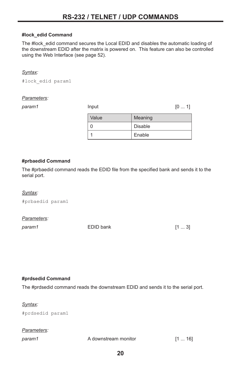 Rs-232 / telnet / udp commands | Gefen DVI MATRIX EXT-DVI-16416 User Manual | Page 24 / 72