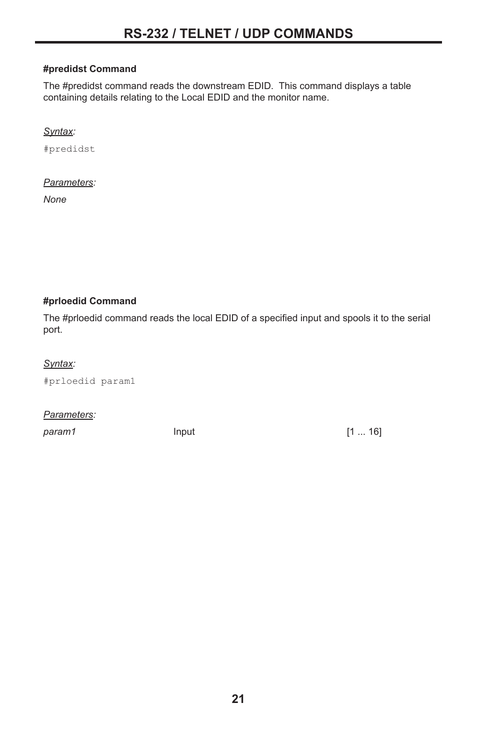 Rs-232 / telnet / udp commands | Gefen DVI MATRIX EXT-DVI-16416 User Manual | Page 25 / 72